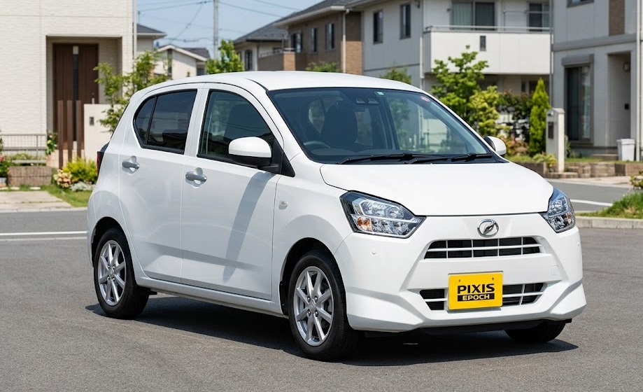 トヨタの99万円から買える軽自動車 ピクシス エポックの外観写真（ホワイト）。郊外の住宅街に停車中