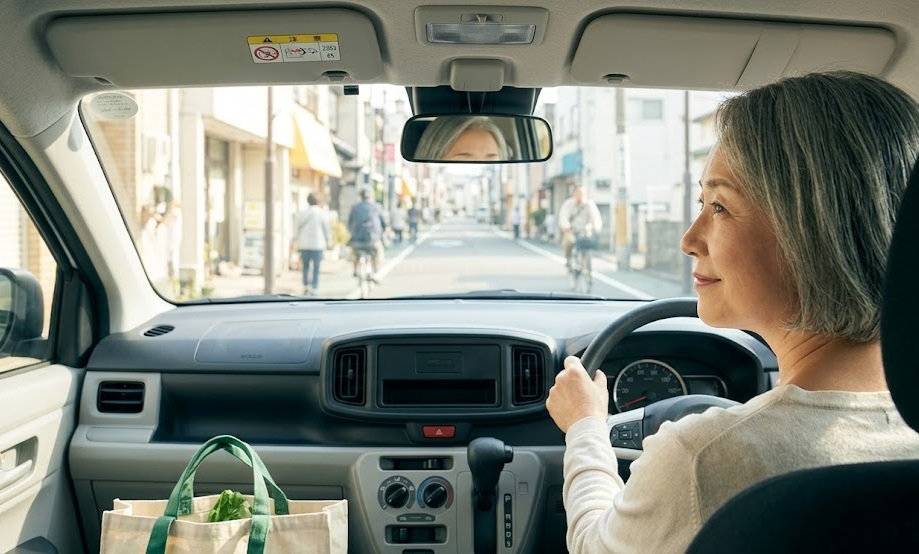 狭い日本の生活道路を運転するピクシス エポックの運転席からの視点。高齢の日本人女性が笑顔でステアリングを握る。