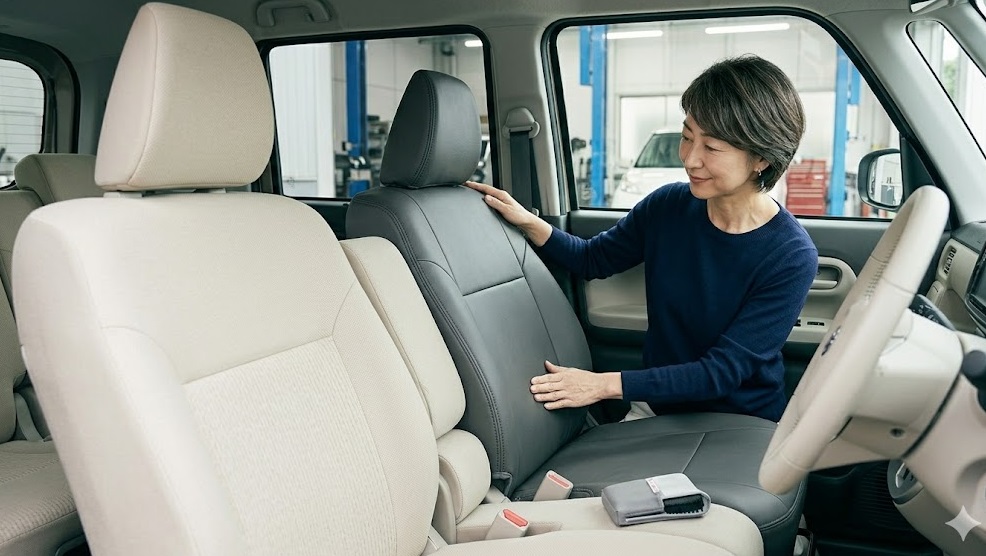 納車直後のムーヴキャンバスの内装。明るい色のシートに、シミや汚れを防ぐための専用シートカバーを丁寧に取り付ける大人の日本人女性。プロの査定士が推奨する維持管理術