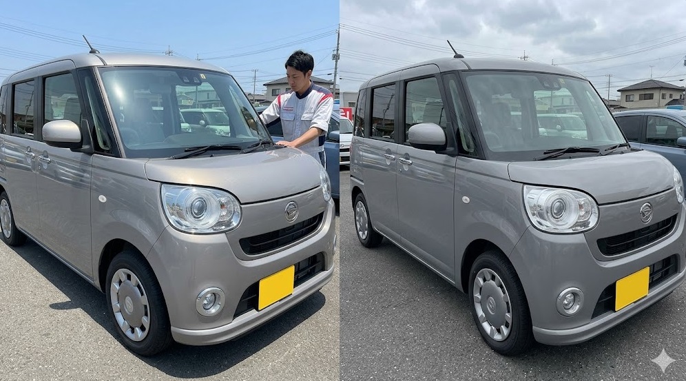 同じスムースグレーマイカメタリックのムーヴキャンバスを、日本の屋外で比較。左半分は晴れた日の太陽光の下で、メタリックの輝きと透明感が際立つ。右半分は曇りの日で、落ち着いたマットな印象になる。自然光での見え方の違いが明確にわかる。