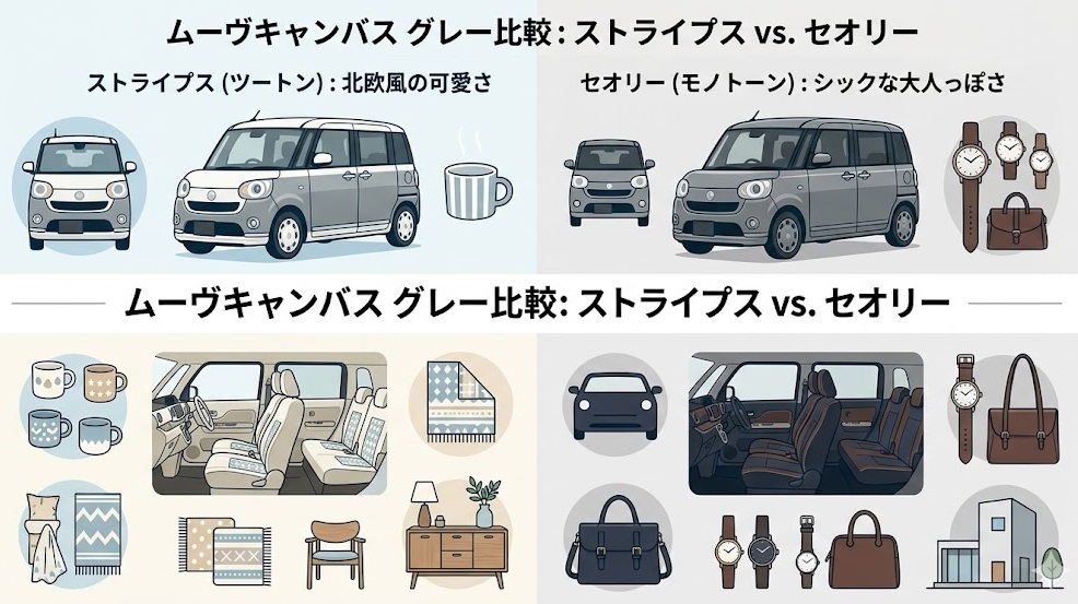 ムーヴキャンバスのグレーにおける、ストライプス（ツートン）とセオリー（モノトーン）の比較図。左は北欧風の可愛さを象徴する雑貨や白い外装、右はシックな大人っぽさを象徴する上質なアイテムや単色グレーの外装を並べ、それぞれの世界観の違いをわかりやすく解説。