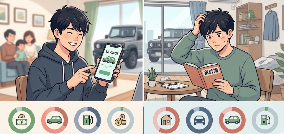 左側は「実家暮らし」の日本人学生（リラックスして貯金箱とシエラを眺める）、右側は「一人暮らし」の日本人学生（アパートで家計簿を前に少し悩む）
