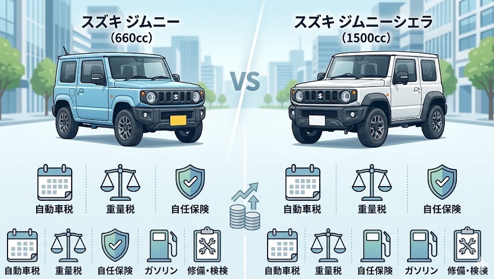 画面を左右に分割し、左側は軽自動車のジムニー（緑、黄色ナンバー）、右側はジムニーシエラ（白、白ナンバー）