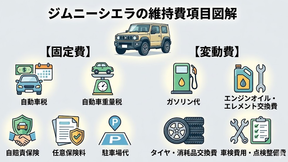 日本のジムニーシエラオーナーを想定し、維持費全体を「固定費」と「変動費」に大きく分類。さらに、それぞれの項目（自動車税、重量税、自賠責、任意保険、ガソリン、駐車場、メンテナンス）をアイコンとクリーンなレイアウトで整理したインフォグラフィック