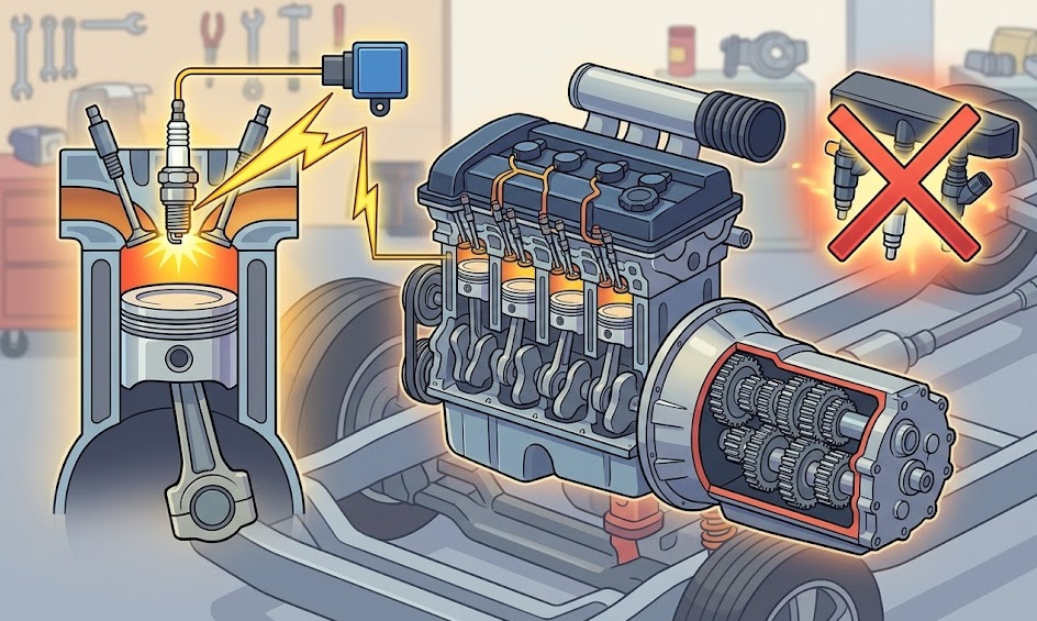 自動車エンジンの断面と、故障原因となるイグニッションコイル、スパークプラグ、トランスミッションの役割を視覚化した教育的な図解イラスト