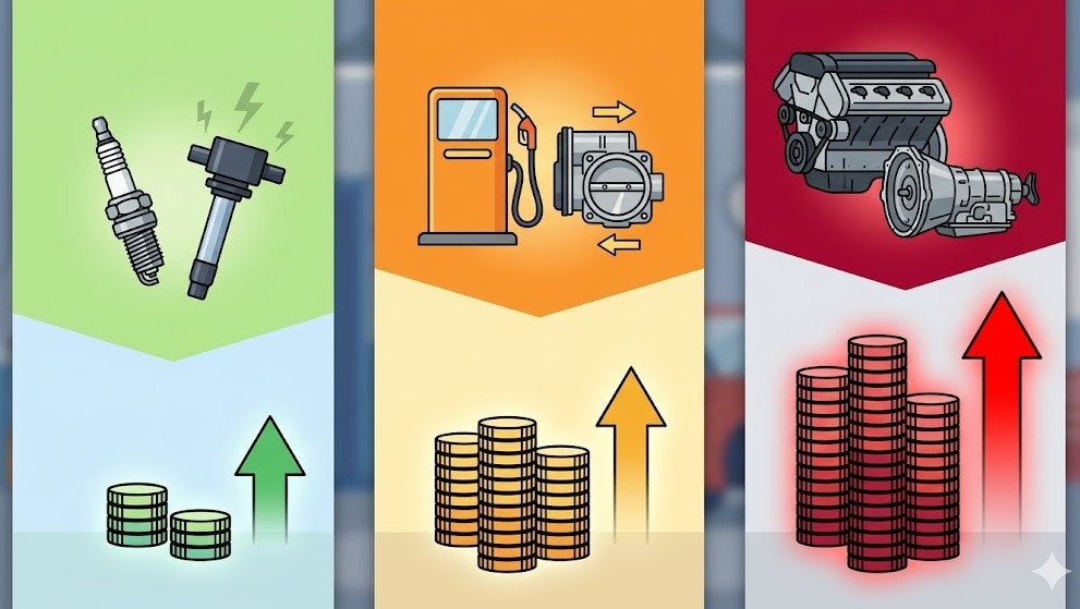 自動車の故障箇所ごとの修理費用目安を、スパークプラグ、燃料ポンプ、エンジン本体のイラストと、それぞれのコストボリュームを示す抽象的なコインの積層グラフで比較したインフォグラフィック