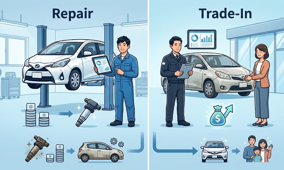自動車整備工場にて、プロの日本人男性査定士が、不安げな日本人女性オーナーに対し、タブレットのデータを用いて、故障した軽自動車の修理か乗り換えかの判断基準を優しく解説している様子