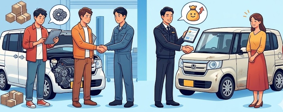 エンジンブローして動かない古い軽自動車が、買取専門店に引き渡され、独自の資源ルートを通じて、新しい白い車への資金となる抽象的な価値の循環を示す概念イラスト。