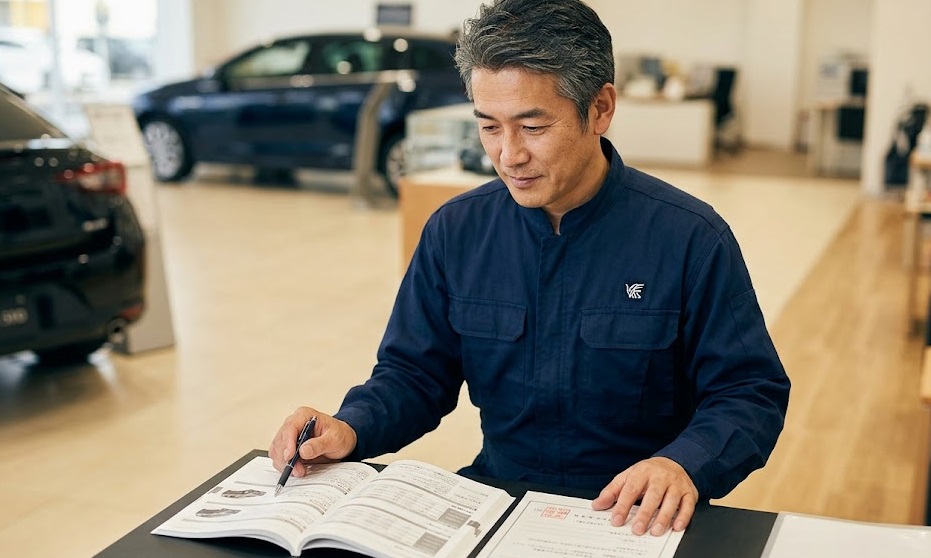 ミライース新車の購入アドバイスを行う、経験豊富な元ディーラー営業マンのプロフェッショナルな様子。