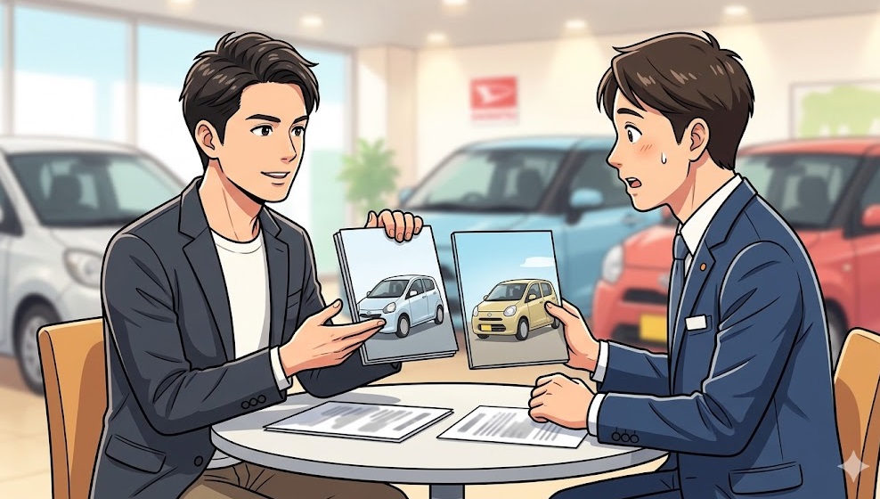 ミライースの商談において、ライバル車の見積もりを提示して値引き交渉を行う賢い日本人男性の様子。ディーラー営業マンとの心理戦。