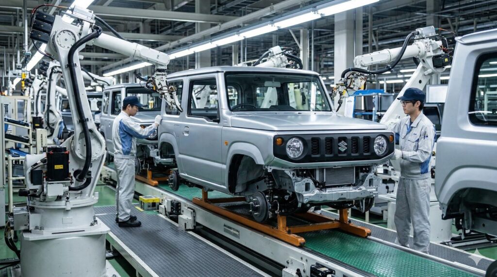 日本の自動車工場内。ロボットと日本人スタッフがジムニーノマドを生産ラインで組み立てている様子。月間3,300台体制へ増産。