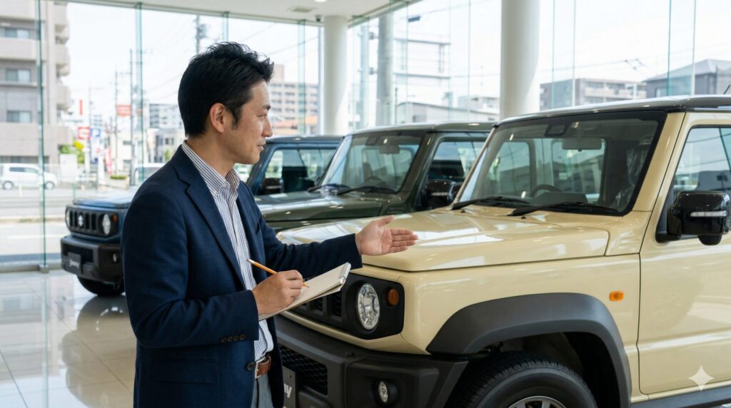 日本人自動車ジャーナリストがジムニーノマドを前に納期を解説している。2026年の最新納期目安は1〜2年。