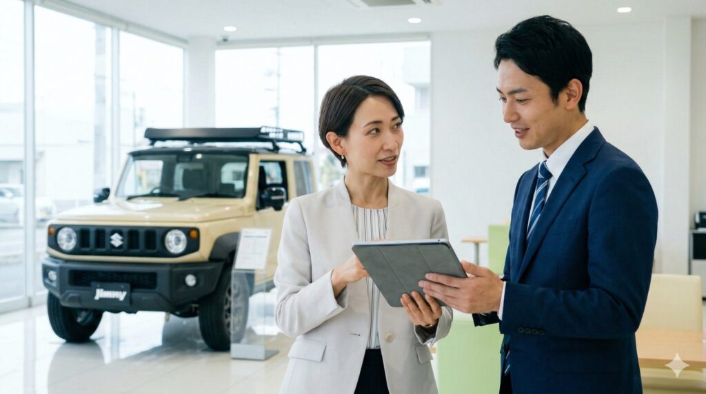 スズキのディーラーで、日本人女性が営業担当者とタブレットを見ながらジムニーノマドの購入方法（キャンセル待ち等）について相談している。