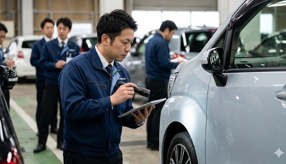 15年のキャリアを持つ日本人プロ査定士がオークション会場で軽自動車を査定する様子