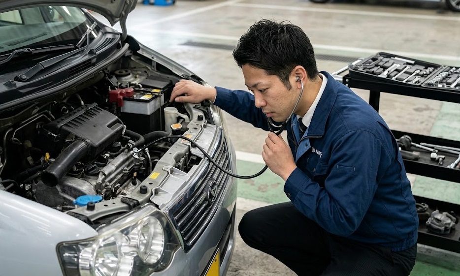 プロ査定士が中古ムーヴカスタムのエンジンルームでウォーターポンプの異音と足回りのガタを厳しくチェックする様子