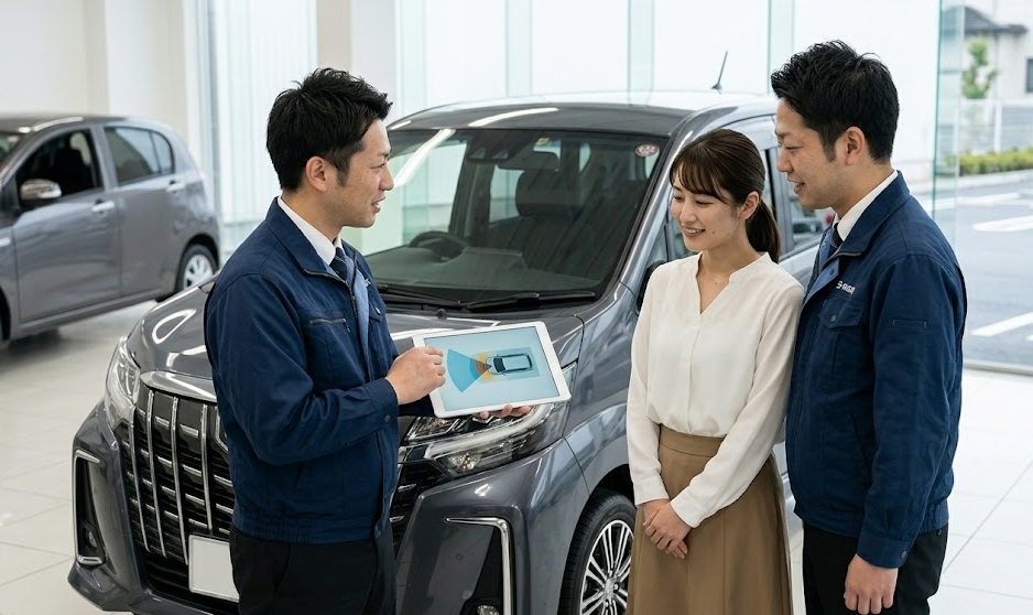 プロ査定士の説明を聞き、スマートアシスト（スマアシ）による事故回避と修理代節約のメリットを理解して納得する日本人顧客夫婦。背景には後期型ムーヴカスタム。