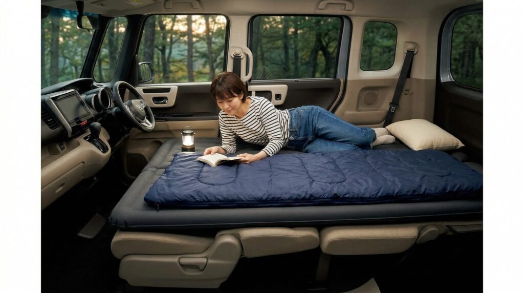 ホンダN-BOXのベンチシートをロング・ソファモードにし、厚手のインフレーターマットを敷いて快適な寝床を作った状態。