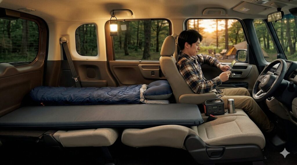 ホンダN-BOXのスーパースライドシート仕様で、助手席側だけをフルフラットにして寝床を作り、運転席側はリビングスペースとして活用する日本人ソロキャンパー。