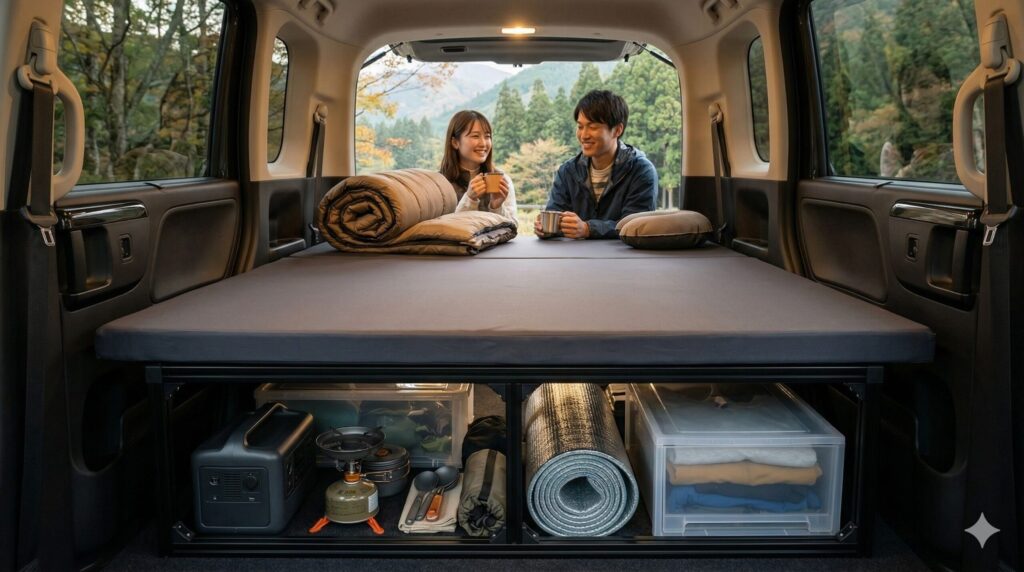 ホンダN-BOXに専用ベッドキットを装着し、完全にフラットな寝床と、ベッド下の広大な収納スペースを両立させた様子。日本人カップルが快適そうにくつろぐ。