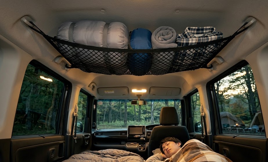 ホンダN-BOXの高い天井を活用し、アシストグリップに取り付けたルーフネットに寝袋や着替えなどの軽量な荷物を収納したイメージ。車中泊の居住性が向上。