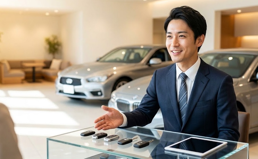 ディーラーのショールームで、下取り査定ではなく、買取の相談に乗る自信に満ちた日本人カーライフアドバイザー。