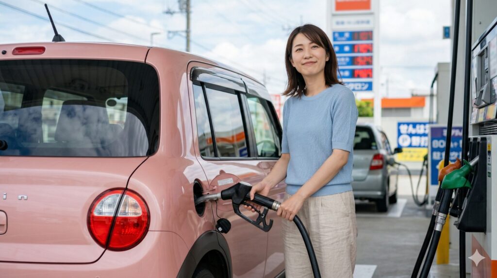 郊外のガソリンスタンドで、笑顔でアルトラパン（3代目・ピンク）に給油する日本人女性。タンク容量の違い