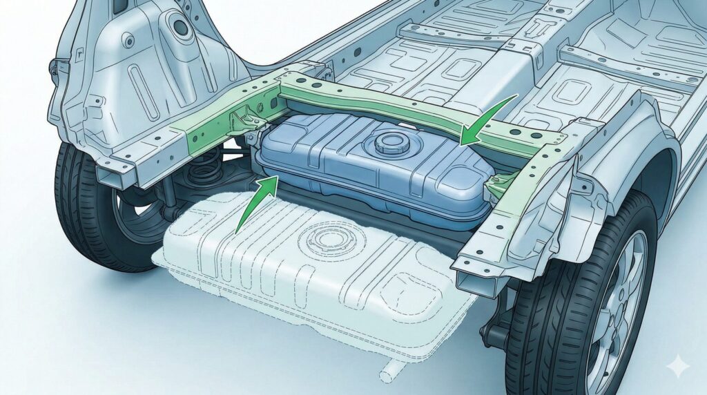 アルトラパンの車体構造イラスト。新型（3代目）の軽量化されたプラットフォームと、コンパクトな27Lガソリンタンクの配置図