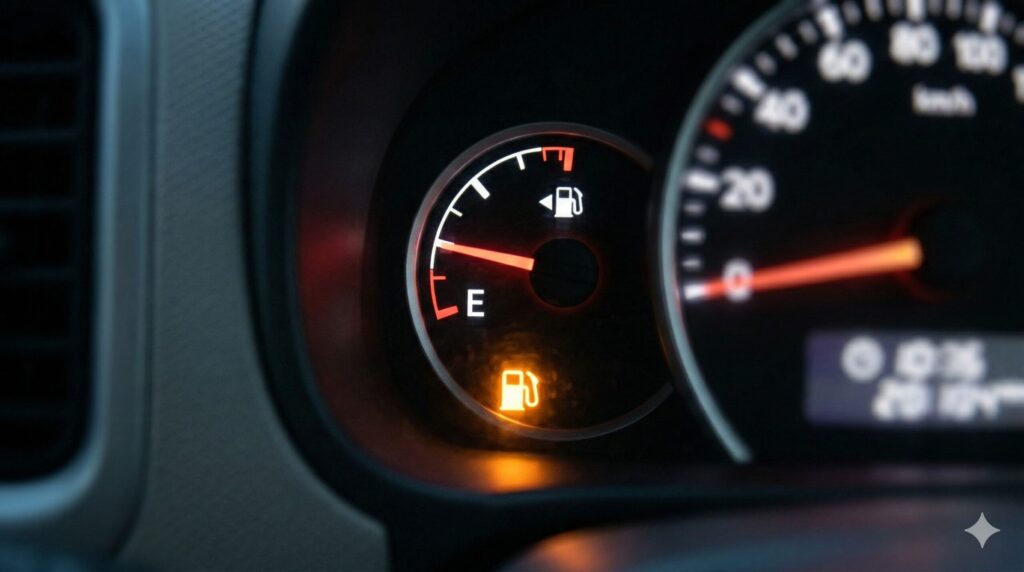 アルトラパン（3代目）のメーターパネルの接写。燃料計の針がE（エンプティ）に近づき、オレンジ色の給油警告灯（ガソリンランプ）が点灯している。