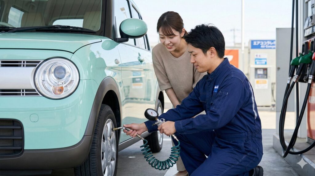 ガソリンスタンドで、アルトラパン（3代目・ミントグリーン）のタイヤ空気圧をチェックする日本人男性店員と、それを見守る日本人女性。燃費向上のためのメンテナンス。