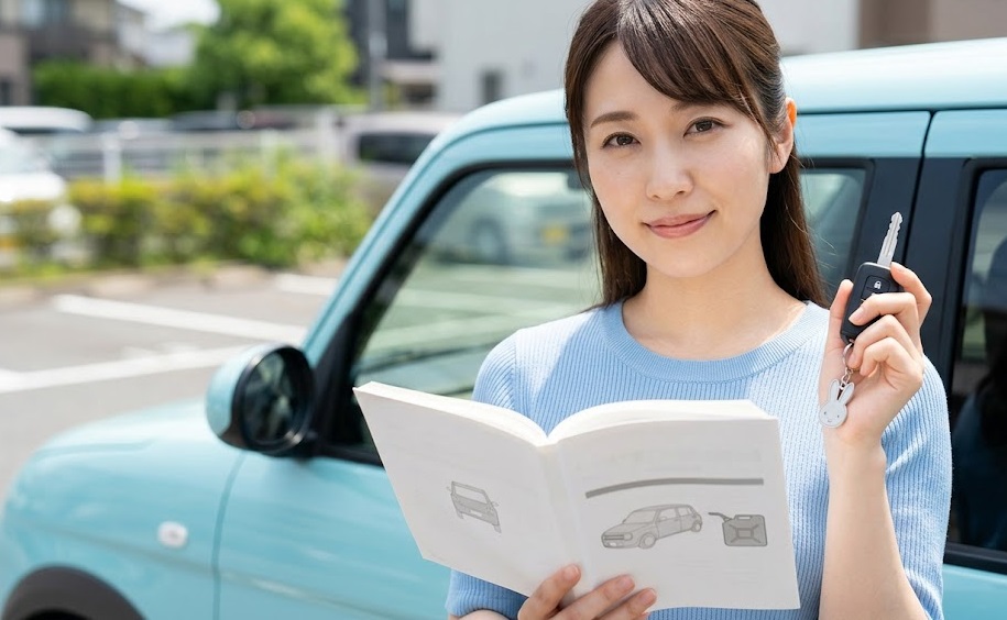 晴れた日の駐車場で、車のキーと取扱説明書を持つ日本人女性。アルトラパン（3代目・ライトブルー）を背景に、安心感のある笑顔。