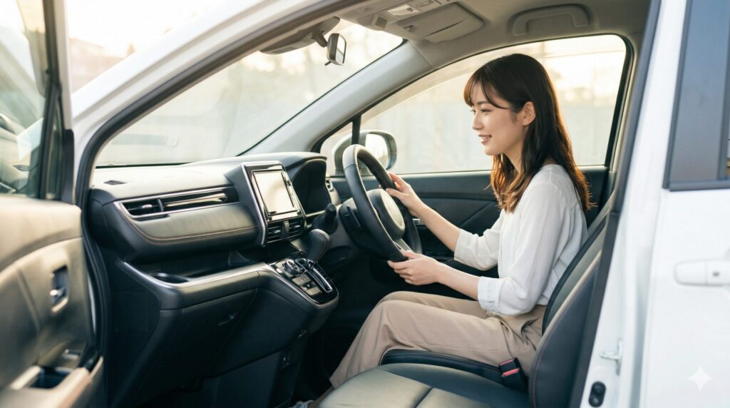 洗練された上質な内装を持つスペーシアカスタムの運転席に座り、高級感のある革調ステアリングに触れて満足げな表情を浮かべる日本人の女性オーナー。柔らかな光が差し込む広い車内と完成されたデザインが、カスタマイズの喜びを表現している。