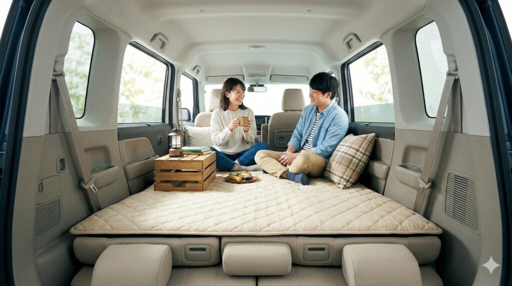 スペーシアカスタムの広大な室内空間を活かし、後部座席をフルフラットにして専用マットとクッションを敷き詰めた「移動するマイルーム」のような快適な空間。笑顔の日本人カップルがくつろいでおり、自由なシートアレンジと圧倒的な広さを強調している。