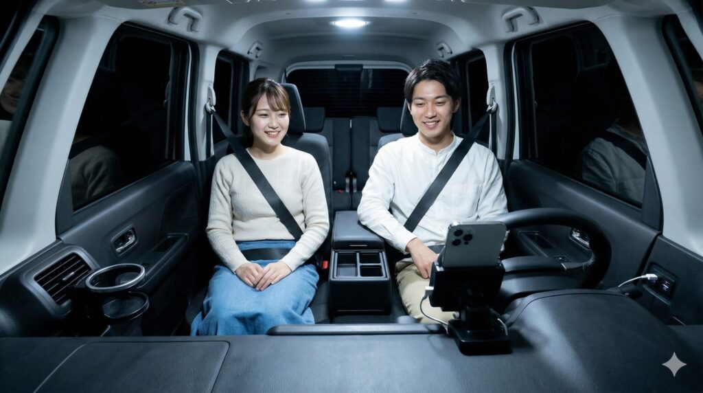 スペーシアカスタムの運転席周りに、専用ドリンクホルダー、センターコンソールボックス、USBポートを増設し、LEDルームランプを点灯した様子。夜間でも明るくスタイリッシュで、現代のドライブに欠かせない実用的かつ快適な車内空間を表現している。