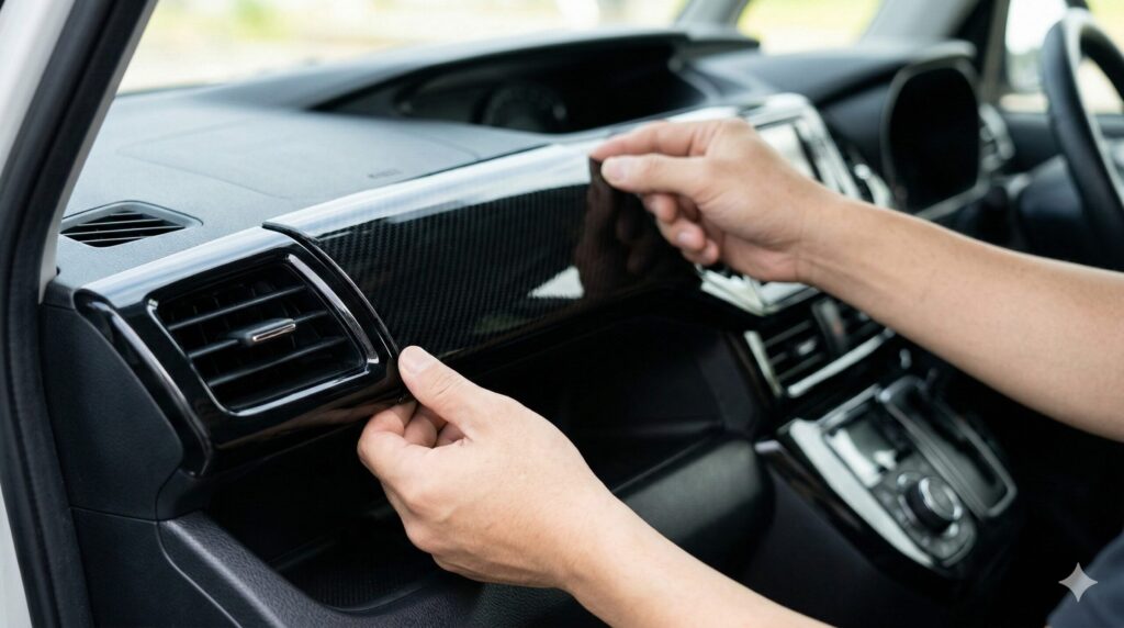 スペーシアカスタムの上級者向けカスタムとして、ピアノブラックの「専用インテリアパネル」をインパネ周りに装着する様子。熟練した日本人の手が、プラスチックの純正パネルを艶やかな高級素材へと劇的に引き上げている。