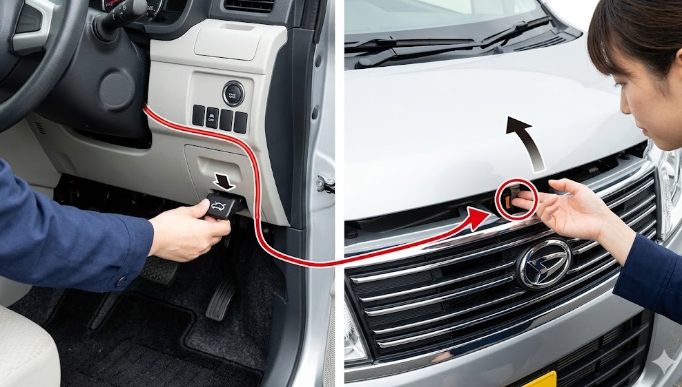ムーヴのボンネットを開ける2ステップ全体図。車内レバーと車外フックの連携を図解