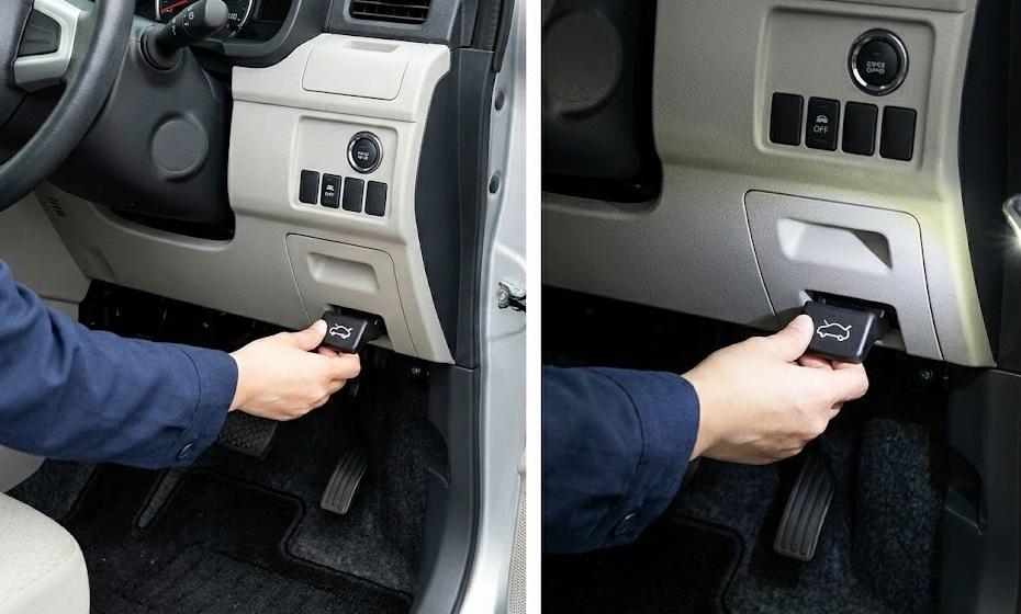ムーヴ運転席足元にあるボンネット開閉レバー（オープナー）の位置。ライトで照らして確認