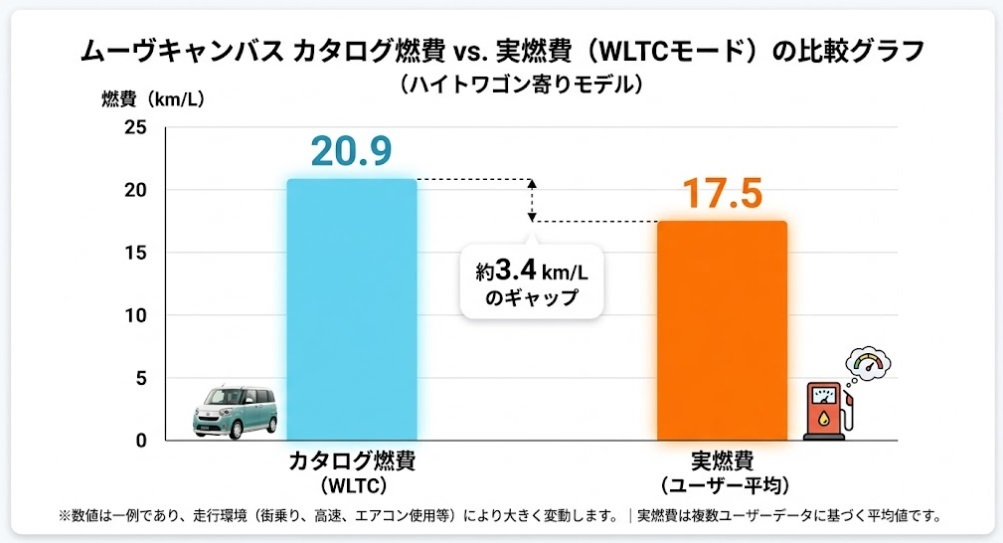 ムーヴキャンバスのカタログ燃費と実燃費の比較グラフ