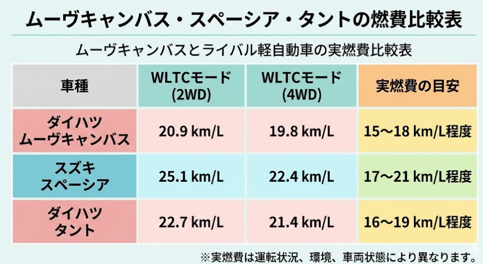 ムーヴキャンバスとライバル軽自動車の実燃費比較表