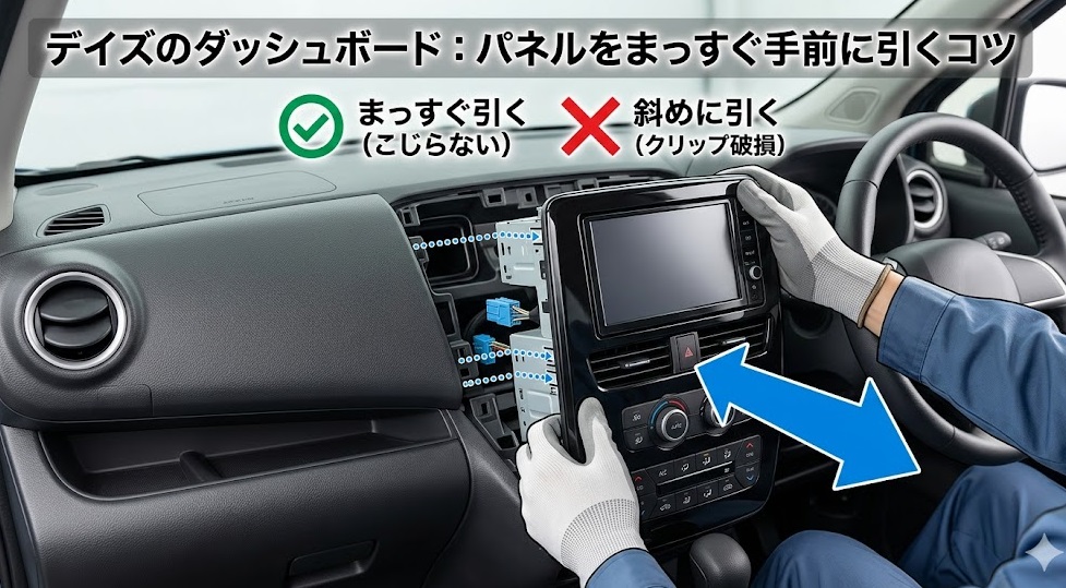 デイズのダッシュボード:パネルをまっすぐ手前に引くコツ