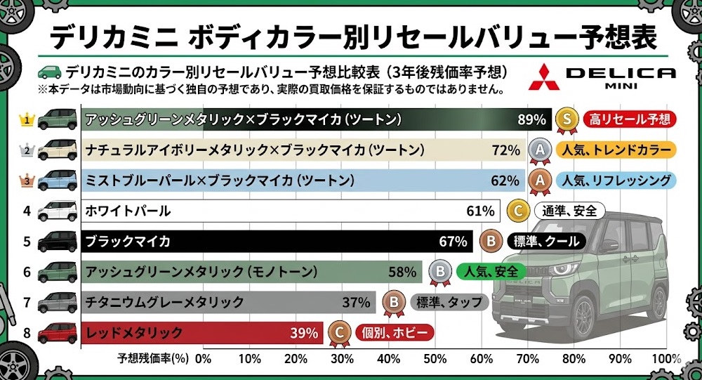 デリカミニのカラー別リセールバリュー予想比較表