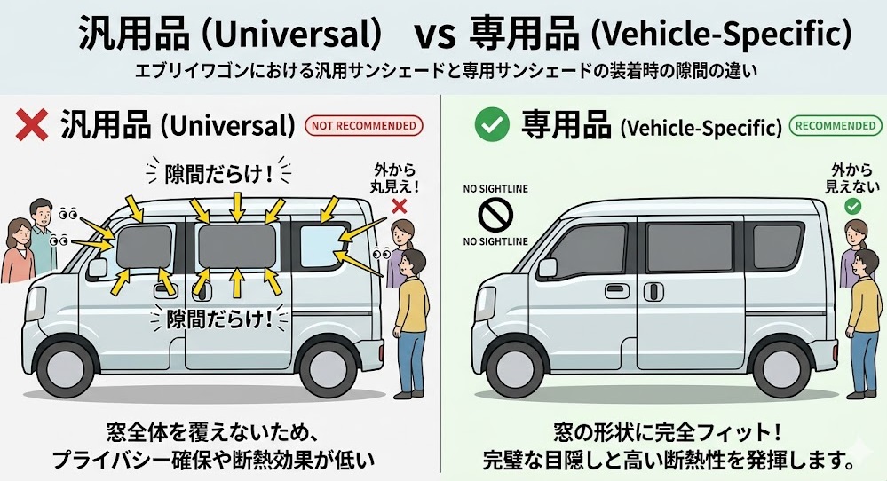 エブリイワゴンにおける汎用サンシェードと専用サンシェードの装着時の隙間の違い