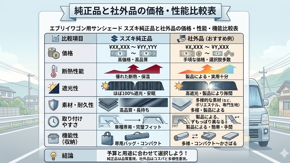 エブリイワゴン用サンシェード スズキ純正品と社外品の価格・性能・機能比較表