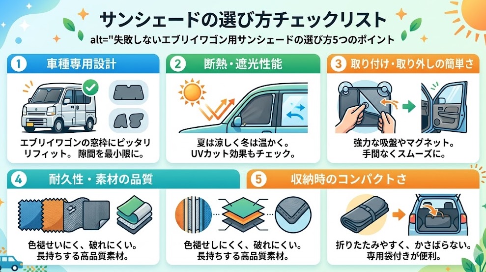 失敗しないエブリイワゴン用サンシェードの選び方5つのポイント