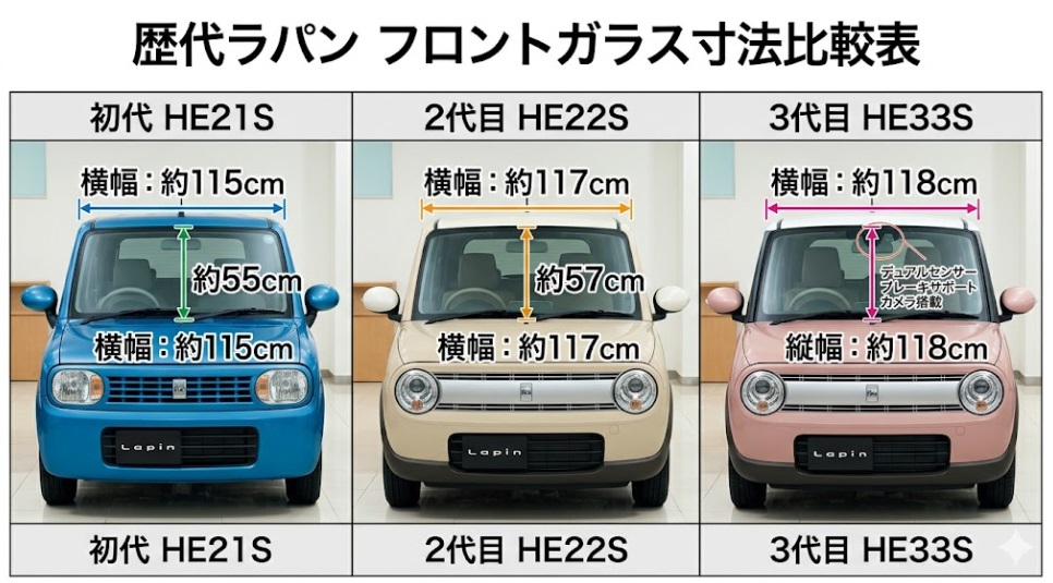 アルトラパンHE33S・HE22S・HE21Sのフロントガラス寸法比較表