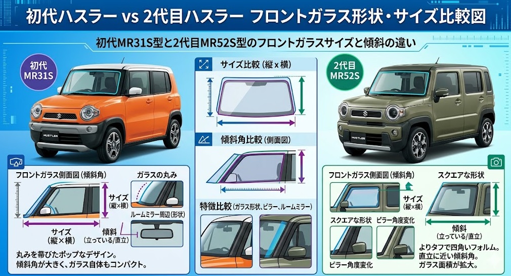 初代MR31S型と2代目MR52S型のフロントガラスサイズと傾斜の違い