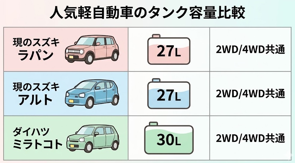 ラパンと他社人気軽自動車のガソリンタンク容量比較