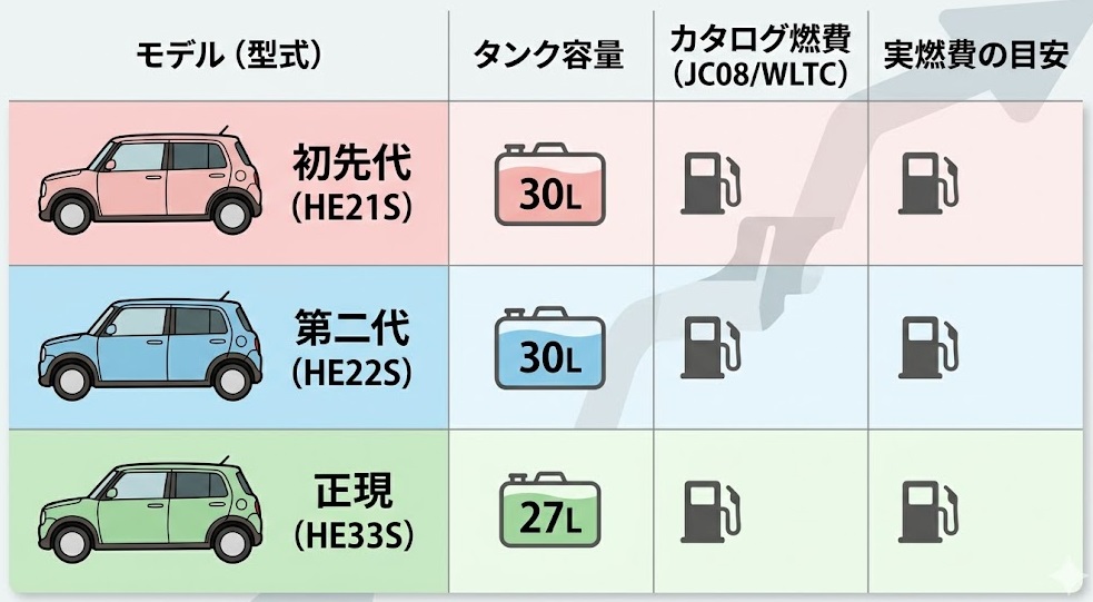 歴代ラパン（初代・2代目・現行）のガソリンタンク容量と航続距離の比較表
