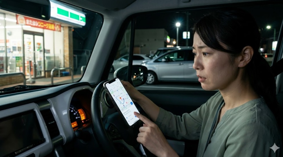 ハスラーの燃料点滅時に停車し、スマホで最寄りのガソリンスタンドを探す日本人女性