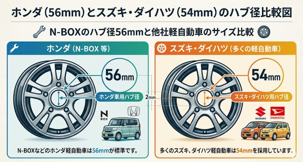 N-BOXのハブ径56mmと他社軽自動車のサイズ比較