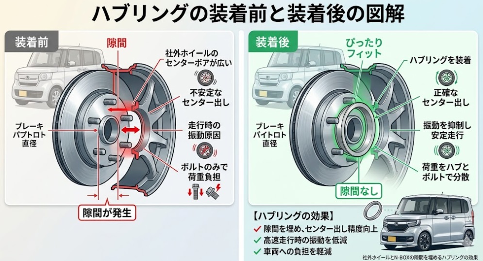 社外ホイールとN-BOXの隙間を埋めるハブリングの効果